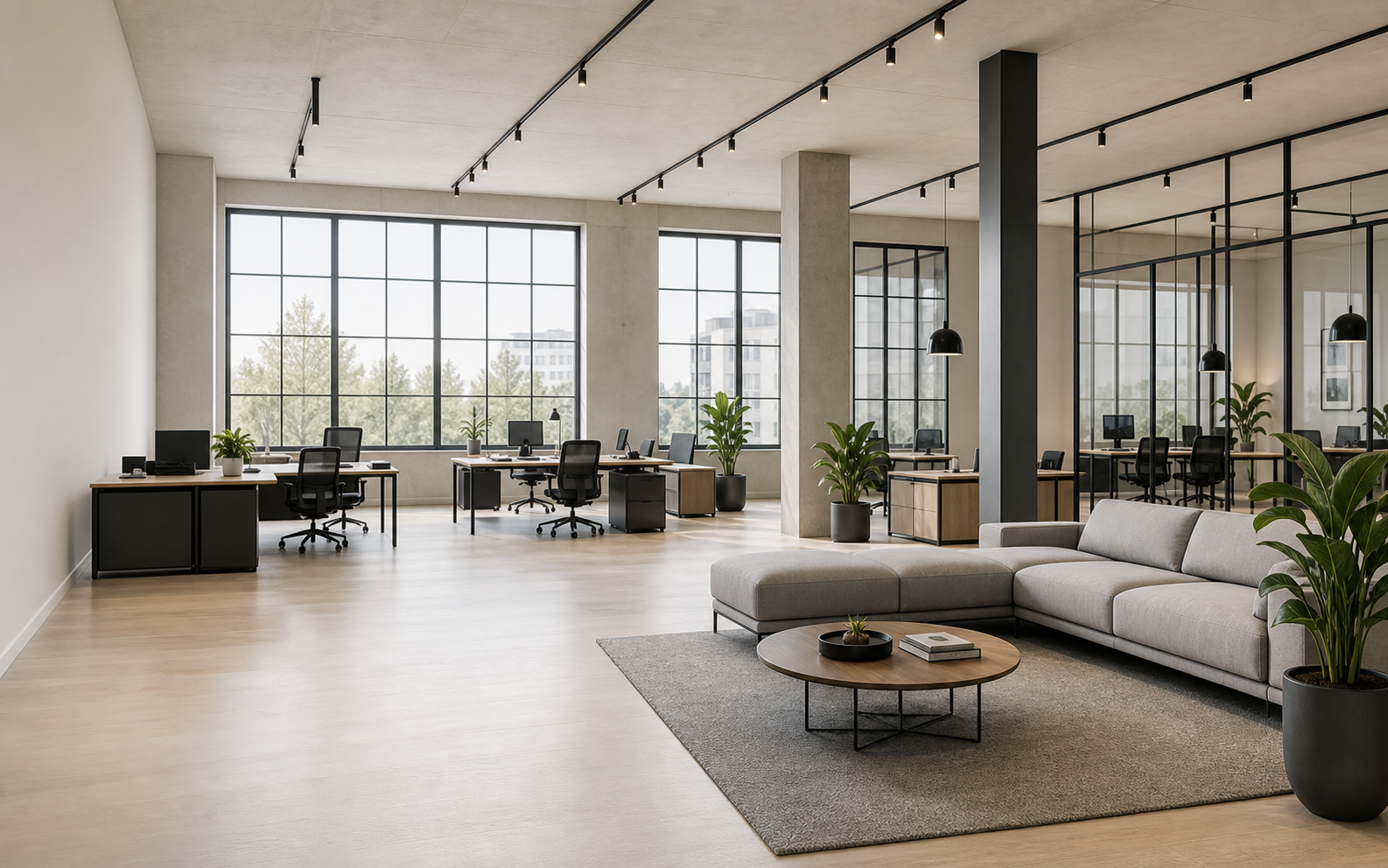 Generated modern office and lounge with Misty Blue accents