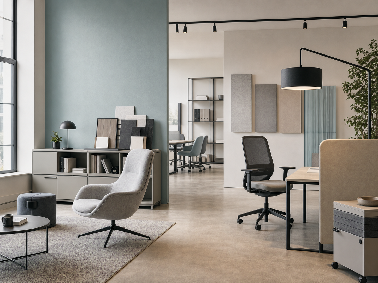 Generated reference vignette with lounge chair and material samples